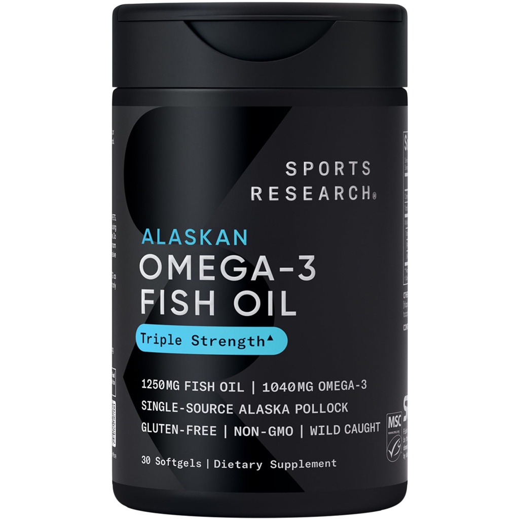 Sports Research Triple Strength Omega 3 Fish Oil 1250mg from Wild Alaska Pollock - Burpless Fish Oil Supplement with Omega3s EPA & DHA - Sustainable Sourced, Non-GMO, Gluten Free - 30 Softgels