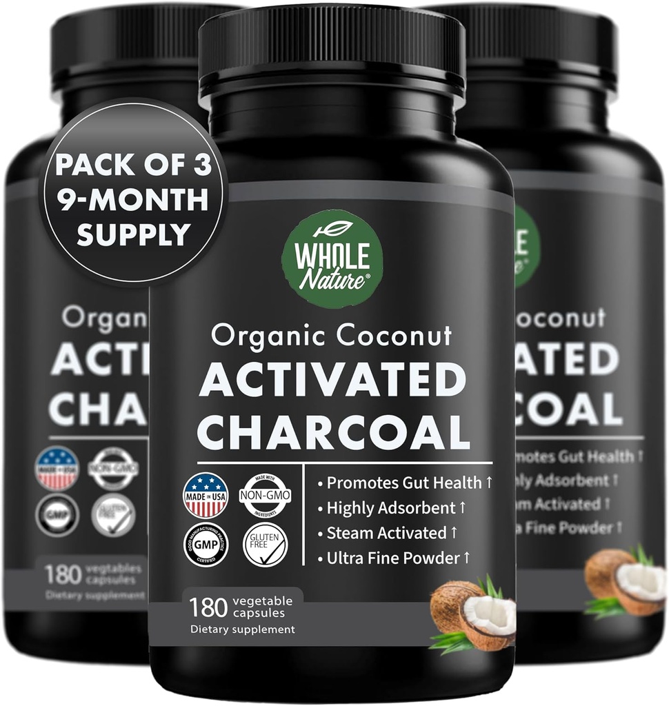 Membran Aktif Charcoal Capsules, 180 Charcoal Capsules, Diş Beyazı, Yardımlar Constipation, Bloating, Stomach Gas, Heartburn, Pure Coconut Derived Tamam (3)