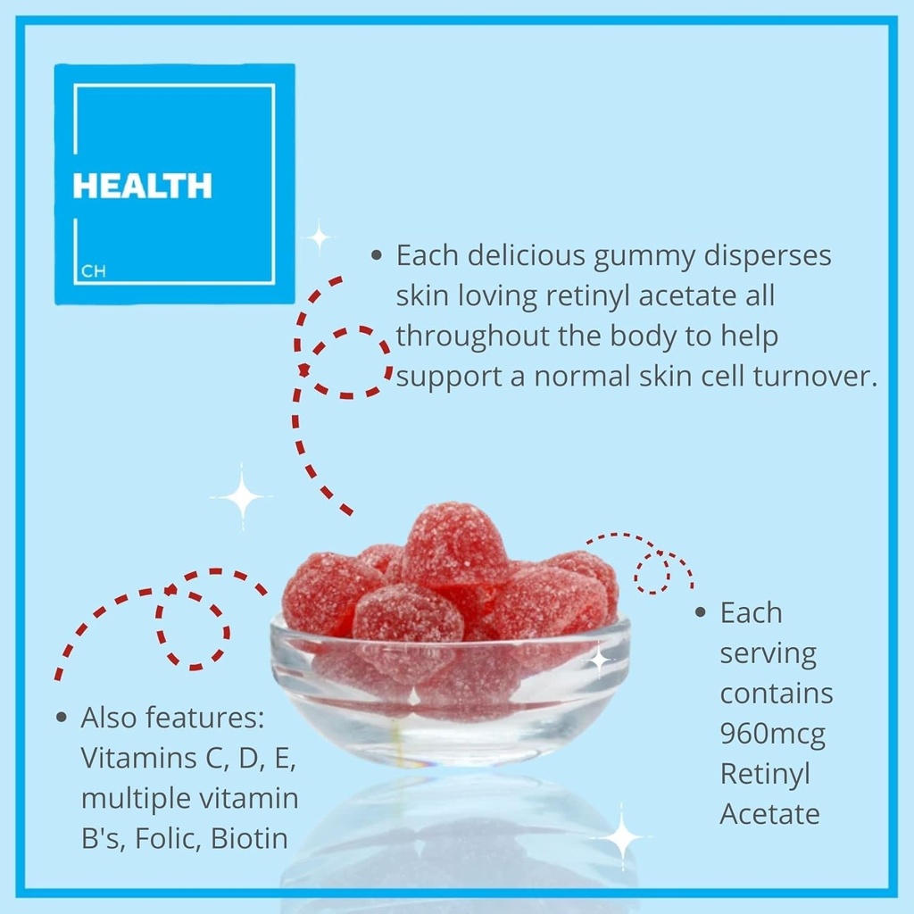 Sağlık Regenerol - Multivitamin Retinol Gummy - Anti-Aging Vitamin A Supplement - Glowing, Youthful & Clear Skin Güçlü Saç & Nails - B6, B12, C,D3, Folic Acid, çinko - 60 Gummies