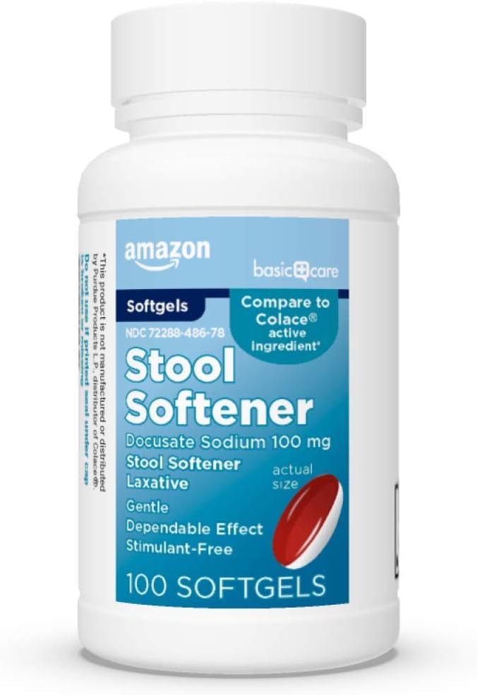 Temel Bakım Stool Softener Laxative, Docusate sodyum 100 mg, Softgels, For Constipation Relief, 100 Count