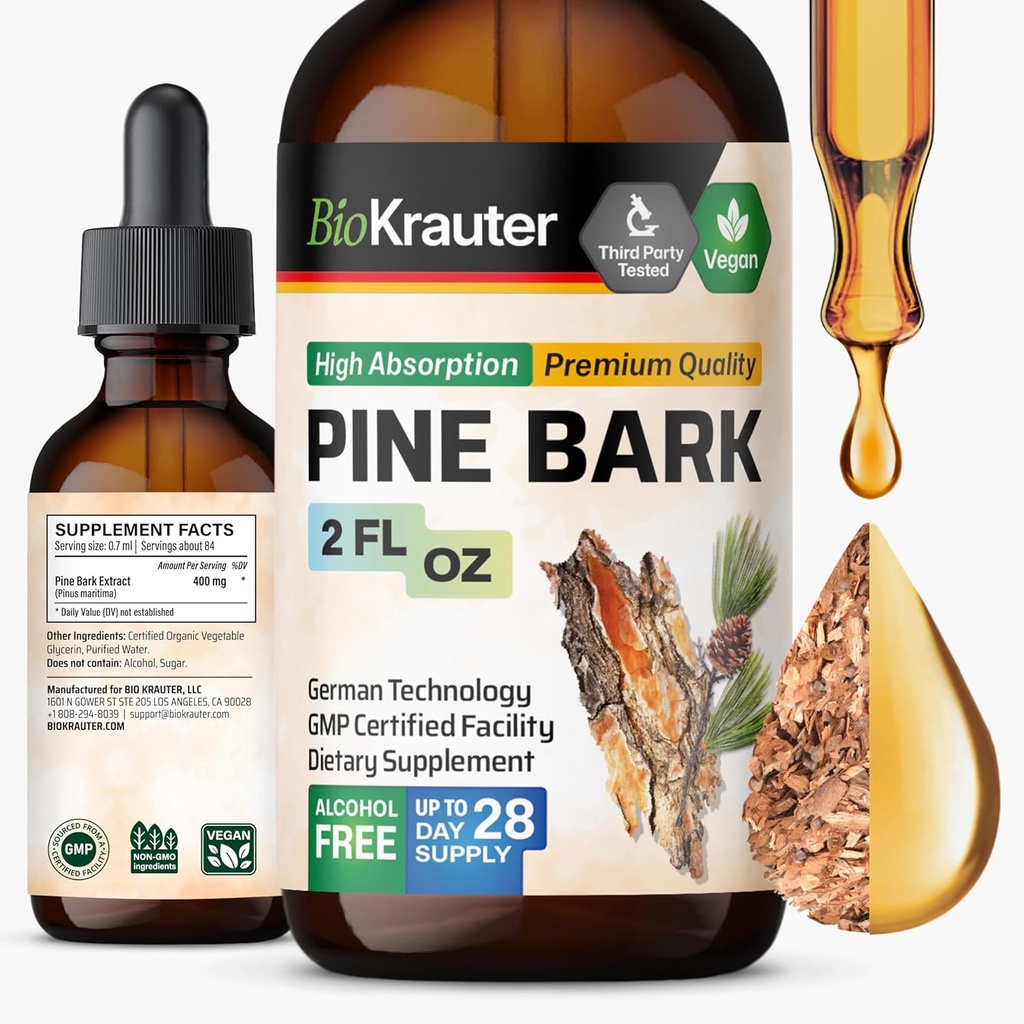 BIO KRAUTER Pine Bark Ekstraksiyon - Antioksis Sıvı Supplement'te Zengin - 400 mg Fransız Deniz Standardı Bark Ekstralar - Vegan, Alkol ve Şeker Ücretsiz - 2 Fl Oz Oz Oz
