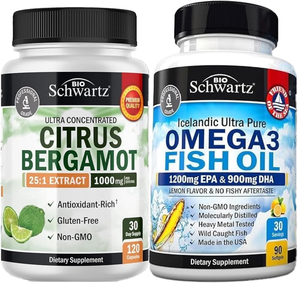 Triple Strength Omega 3 Fish Oil Softgels (1 Ay Supply) Plus 1000 mg Citrus Bergamot Supplement (1 Ay Supply)