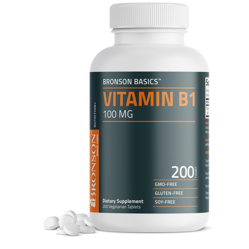 Bronson Vitamin B1 100 mg, Non-GMO, 200 Vegetarian Tablets
