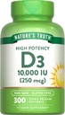 Doğanın Gerçek Vitamin D3 10000 İ Softgels | 300 Kont | Ekstra Kuvvet | Non-GMO & Gluten Free Supplement