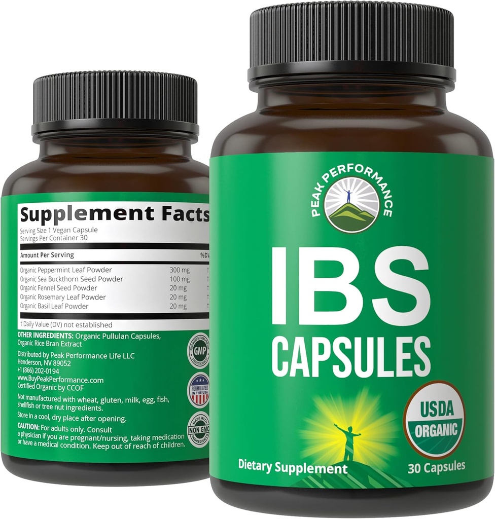 USDA Organik IBS Capsules for Relief, Ingestion, Bloating, Gas. Irritable Bowel Supplement with 5 Handpicked Organic Materialss. Peppermint Oil, Sea Buckthorn, Fennel Tohum, Rosemary Leaf, Basil Leaf