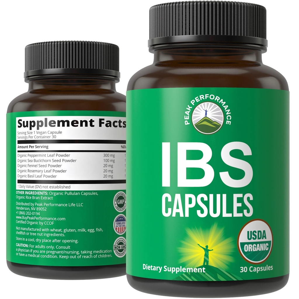 USDA Organik IBS Capsules for Relief, Ingestion, Bloating, Gas. Irritable Bowel Supplement with 5 Handpicked Organic Materialss. Peppermint Oil, Sea Buckthorn, Fennel Tohum, Rosemary Leaf, Basil Leaf