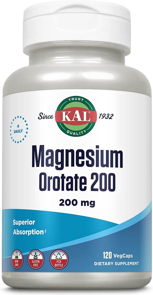 KAL Orotate μαγνησίου 200 mg, Φόρμουλα ανώτερης απορρόφησης, Χηλικό μαγνήσιο για υγιή οστά, δόντια, νεύρα και μυϊκή λειτουργία, χορτοφάγοι, μη-GMO, χωρίς γλουτένη, 30 εξυπηρετούν, 120 VegCaps