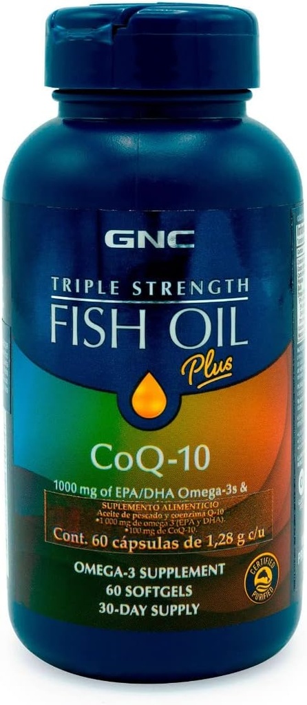 GNC Triple Strength Fish Oil Plus CoQ10 Omega 3 Supplement, 1000mg EPA and DHA, 100mg CoQ10, Heart and Circulatory Health, Plus Skin, Joint, Brain, and Eye, Coated to Control Fishy Burps, 30 Servings