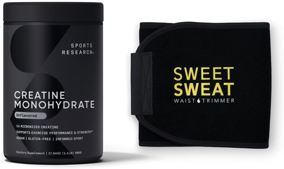 Sports Research Creatine Monohydrate and Sweet Sweat Wist Trimmer - Μαύρο και Κίτρινο (Medium)