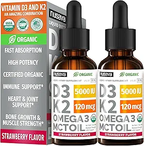 (2 Pack) Organik Vitamin D3 K2 Drops 5000 I with MCT Oil Omega 3 - No Fillers, Non-GMO for Faster Abors, Immune Support (Strawberry, 2 Fl Oz)