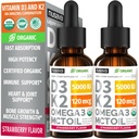 (2 Pack) Organik Vitamin D3 K2 Drops 5000 I with MCT Oil Omega 3 - No Fillers, Non-GMO for Faster Abors, Immune Support (Strawberry, 2 Fl Oz)