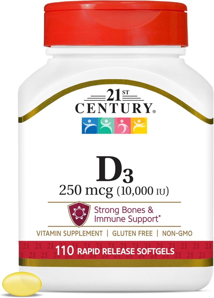 21. Yüzyıl Vitamin D3 250 mcg (10.000 IU) Hızlı Yayın Softgels, 110 Kont