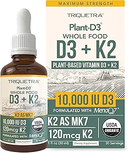 Organik Plant D3 + K2 - 10.000 iu - MenaQ7 (120 mcg K2)% 100 Organik & Plant-Based Sublingual D3 Drops (Cholecalciferol), 100% Vegan - Destekler Immunity, Bone, Mood & Brain (2 Pack)