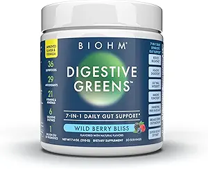 BIOHM Digestive Reds, Superfood Powder (7.4 Oz, 30 Servings) Αντιοξειδωτικά, βιταμίνες, προβιοτικά, Digestive Health for Women and Men with Enzymes, Beets, Goji, Pomegrante, Red Berry Flavor