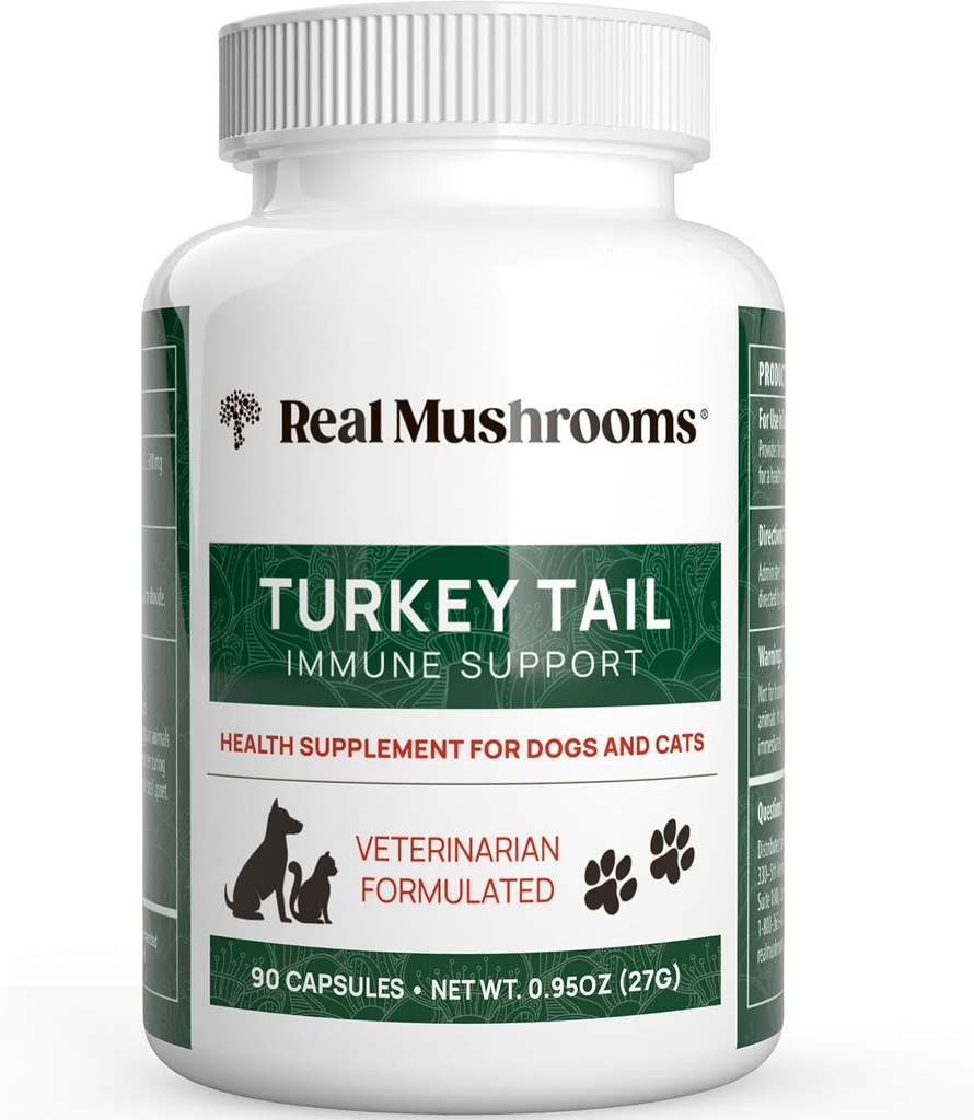 Real Mushrooms Turkey Κάψουλες ουράς για κατοικίδια –Cat Προβιοτικά & Βιταμίνες σκύλου – Βιολογικό συμπλήρωμα μανιταριών για σκύλους & γάτες – Υποστηρίζει την καθημερινή ισορροπία και την ευεξία μη GMO, 90 ct