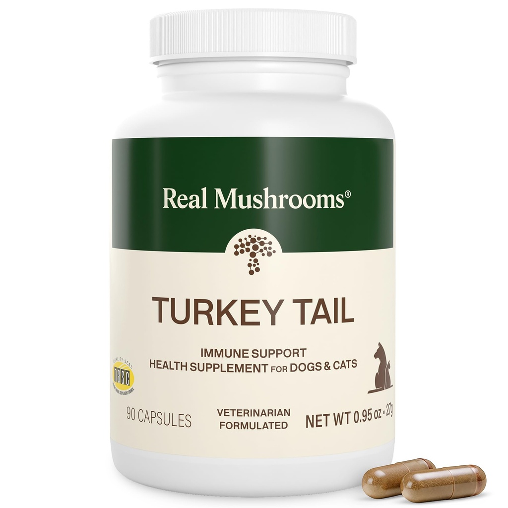 Real Mushrooms Turkey Tail Capsules for Pets –Cat Probiyotiks & Dog Vitamins – Organic Mushroom Supplement for Dogs & Cats – Supports Daily Balance & Well-Being Non-GMO, 90 ct