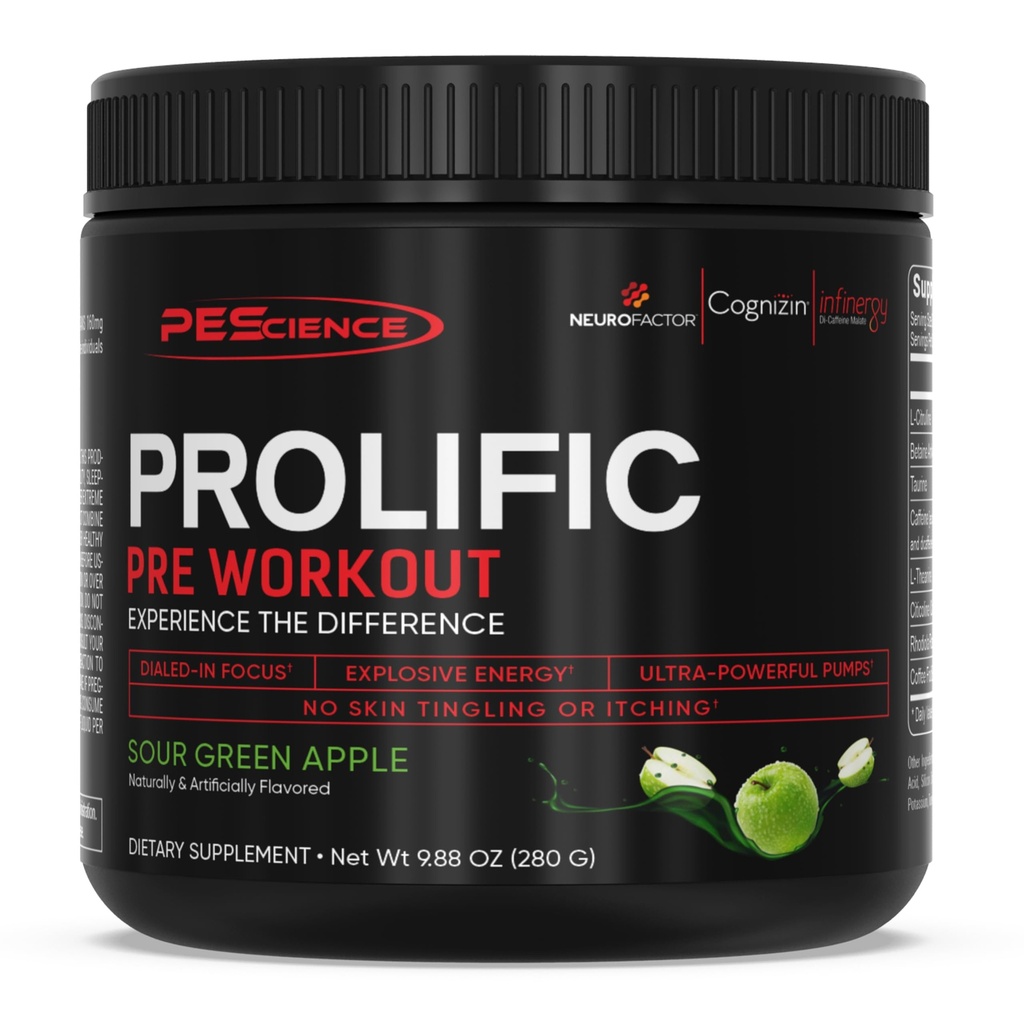 PEScience Prolific Energy Pre Workout – L Κιτρουλίνη για το οξείδιο του αζώτου, Rhodiola & CDP Choline Nootropic για το Focus – Preworkout για άνδρες και γυναίκες – 40 Scoops, Sour Green Apple