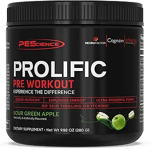 PEScience Prolific Energy Pre Workout – L Κιτρουλίνη για το οξείδιο του αζώτου, Rhodiola & CDP Choline Nootropic για το Focus – Preworkout για άνδρες και γυναίκες – 40 Scoops, Sour Green Apple