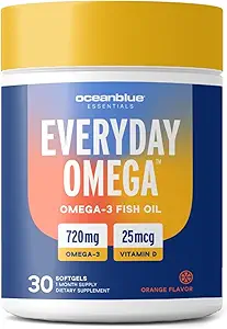Oceanblue Omega-3 Supplement for Women | Burpless Fish Oil 720mg with Vitamin D3 | Small Pills Easy to Swallow Mini Softgels | Heart Immune Support Orange Flavor (60 Kont Minicap)