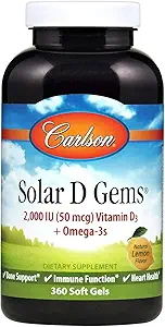 Carlson - Solar D Gems, Βιταμίνη D3 και Συμπλήρωμα Omega-3, 2000 IU Βιταμίνη D3, 115 mg Omega-3s EPA και DHA, Βιταμίνη D Καψάκιο ιχθυέλαιο, Οστική & Ανοσοποιητική Υγεία, Συμπλήρωμα βιταμίνης D, Λεμόνι, 360 Softgels