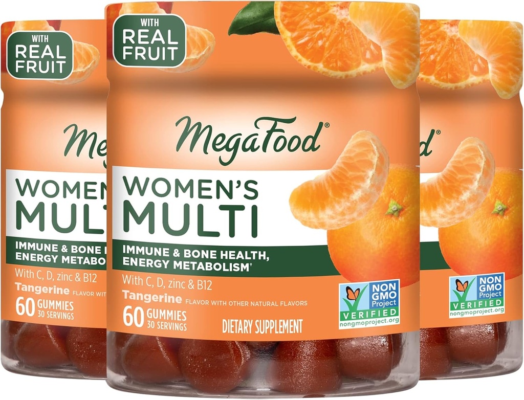MegaFood Women's Multi - Multivitamin for Women- Gummy Vitamins- Vitamin C, Vitamin D, Zinc, Vitamin B12 & Choline- Immune Support & Bone Health- Vegetarian- Tangerine- 60 Gummies(30 Servings) 3 Pack