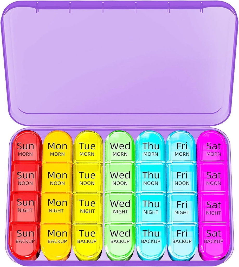 Odaro Weekly Pill Organizer 4 Times a Day, Daily Pill Box 7 Gün, Büyük Seyahat Pill Case with 28 Karşılaştırmalı Tıp, Vitamin ve Supplement - Mor Case