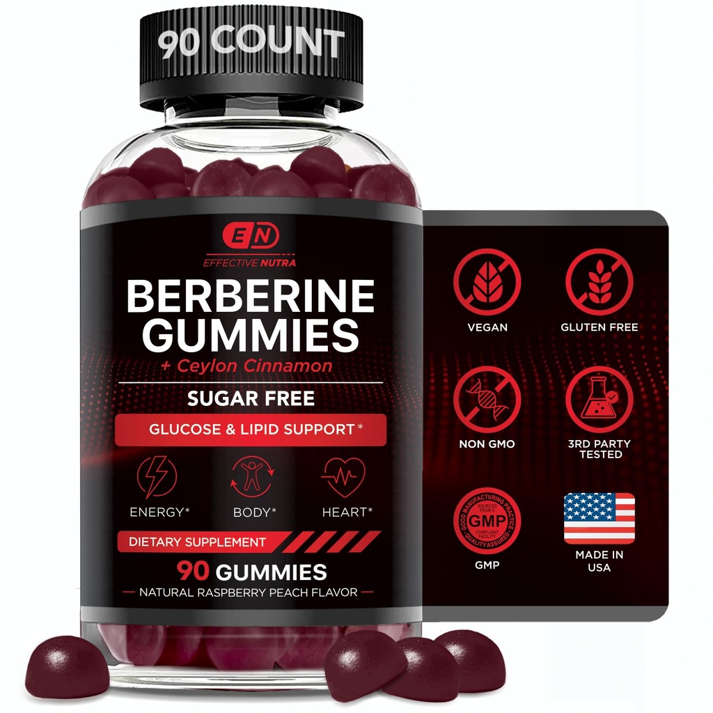 EFFECTIVE NUTRA Berberine Gummies with Ceylon Cinnamon | Sugar-Free Supplement 1200 mg for Blood Sugar Support, Heart Health, Energy | 45-Day Supply, Natural Berry Flavor, Made in USA (90 Count)