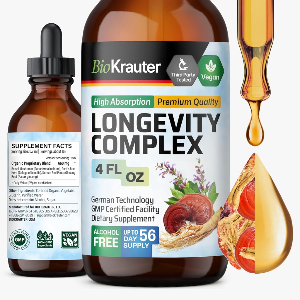 BIO KRAUTER Longevity Mushroom Supplement - Sıvı Reishi Mushroom Kompleksi Goat'ın Rue & Red BTC Ekstraksiyonu - Vegan Tincture - Alkol & Sugar Free Drops 4 Fl.Oz.