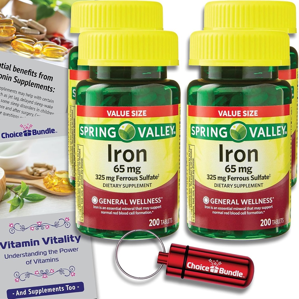 Spring Valley Iron Tabletler Diyetsel Tamam Değer Boyutu 65 mg 200 CT 4 Pk Choice Sche (800 Total) + Vitamin Vitality Guide & Pill Konteyner (6 Madde)!