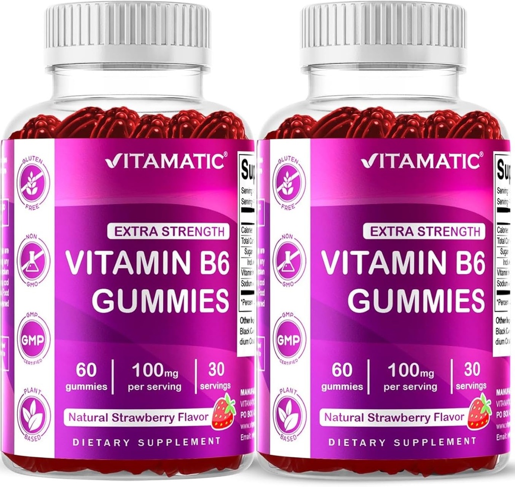 Vitamatic 2 Packs Vitamin B6 100 mg Gummies - Natural Strawberry Flavor - Şişe başına 60 Pectin-Based Gummies - Nervous System & Energy Support Support