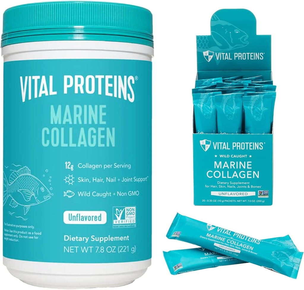 Vital Proteins Marine Collagen Can Toz Supplement 7.8 oz Canister + Stick Packs (10 g) (20'nin kutusu)