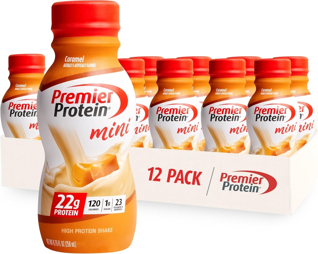 Premier Protein Shake MINIs, Caramel, 22g πρωτεΐνη, 120 θερμίδες, 1g ζάχαρη, 8,75fl oz, συσκευασία των 12