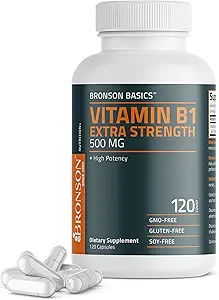 Bronson Βιταμίνη B1 Επιπλέον δύναμη 500 MG Υψηλή ισχύς Μη-ΓΤΟ, 120 κάψουλες