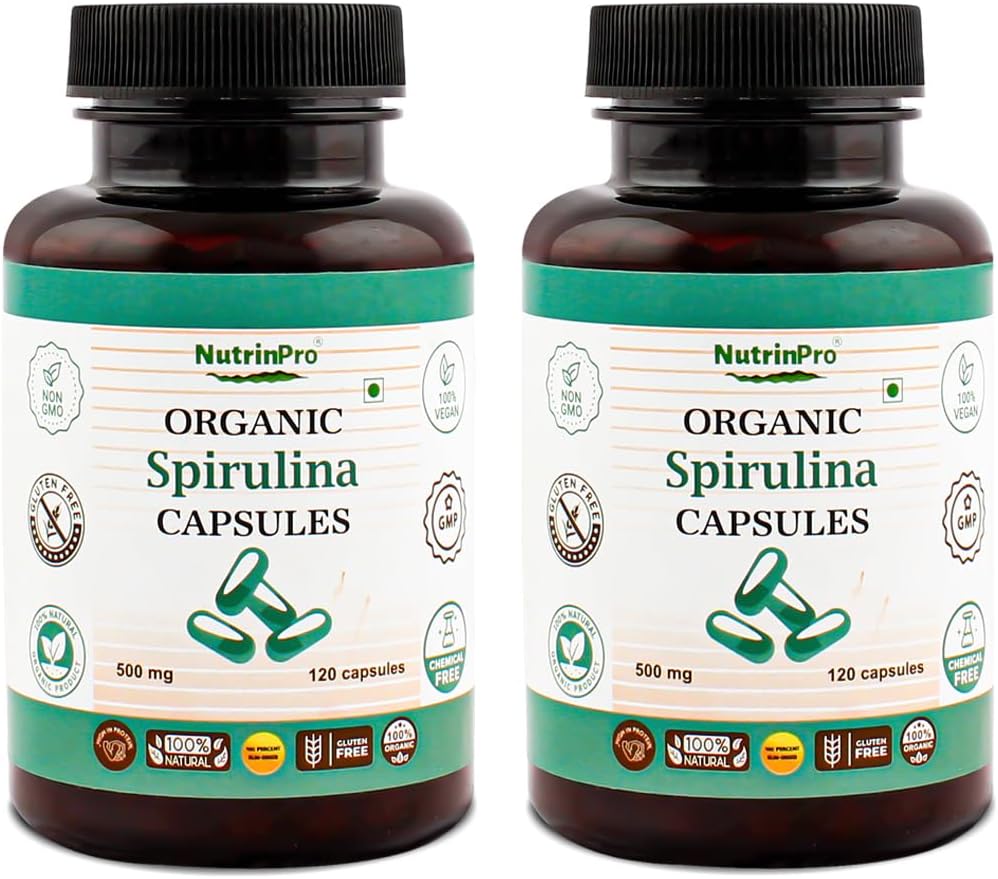 USDA Organik Spirulina Capsules - 100% Pure Vegan Supplement, Non-GMO, Gluten-Free, Chemical-Free, (240)