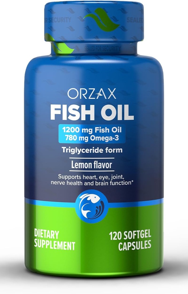 ORZAX Omega 3 Fish Oil 1200 mg - EPA DHA Omega 3 Supplement - Kalp, Göz, Ortak, Nerve, Immune, Beyin ve Kan Sağlığı - Burpless & Lemon Flavored - Non-GMO - 120 Softgels - 60 Day Supply