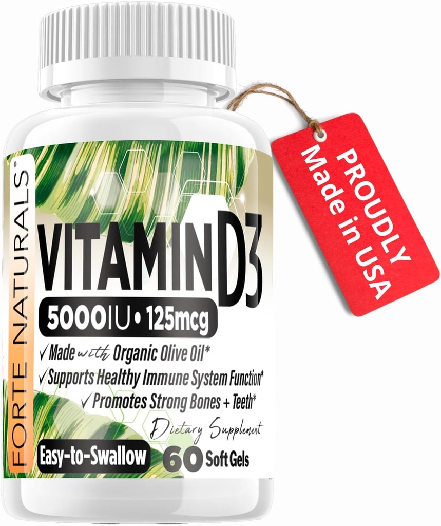 Vitamin D3 5000 IU Supplement 125 mcg Soft Gels Specially for Sensitive Stomachs Supplements with Organic Olive Oil Best Vitamin D3 Supplement for Women & Men Made in USA