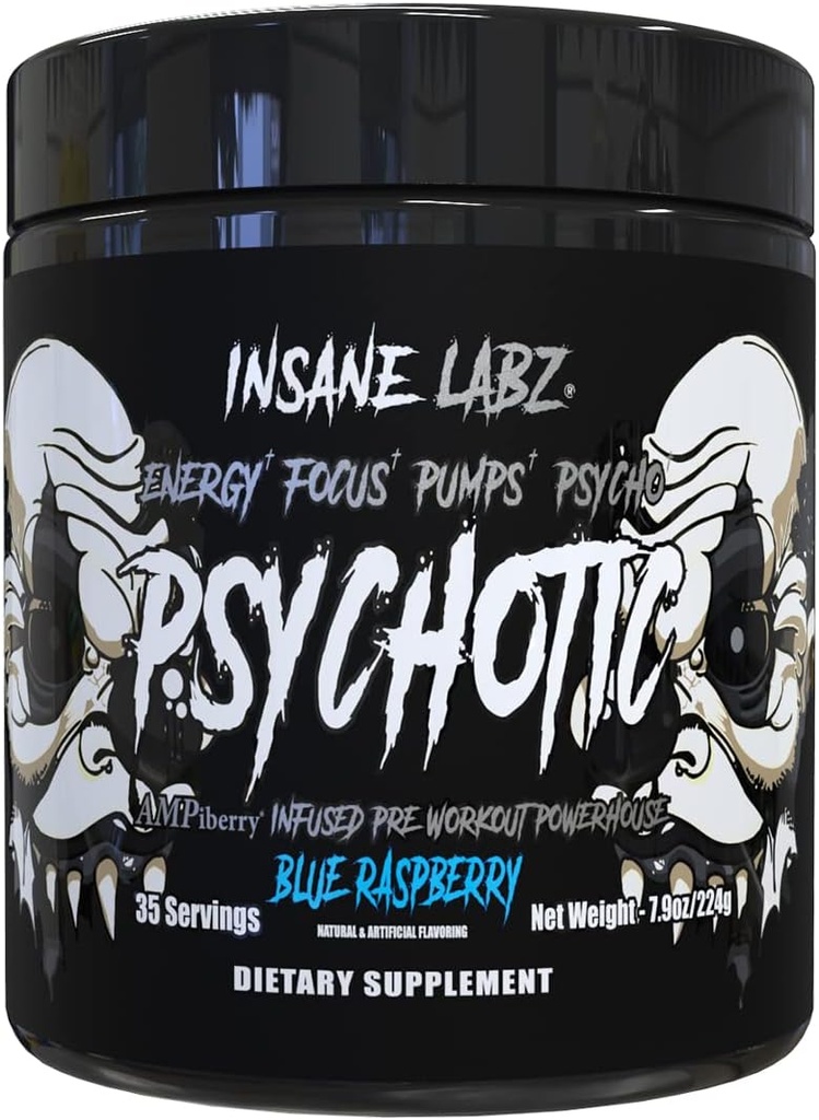 Insane Labz Psikotic Black Edition Mid Stimulant Pre Workout Toz, Enerji Odaklı pompalar, AMPiberry tarafından akreplenmiş, 35 Hizmet (Mavi Raspberry)