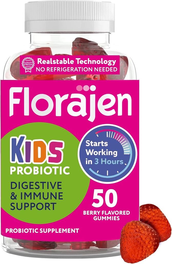 Florajen Çocuklar Probiyotik Gummies - Triple-Action Prebiyotik, Probiyotik, & Postbiyotik Supplement for Digestive Health, Immune Support, & Bloating Relief - Organic, Vegan, & Gluten-Free - 50-Count