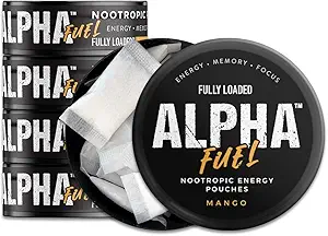 Πλήρως φορτωμένο Alpha Fuel Nootropic Pouches (Mango Fuel) - 5 κονσέρβες, 15 πουγκιά ανά κονσέρβα - Ενεργειακά που περιέχουν καφεΐνη και νοοτροπικό Blend