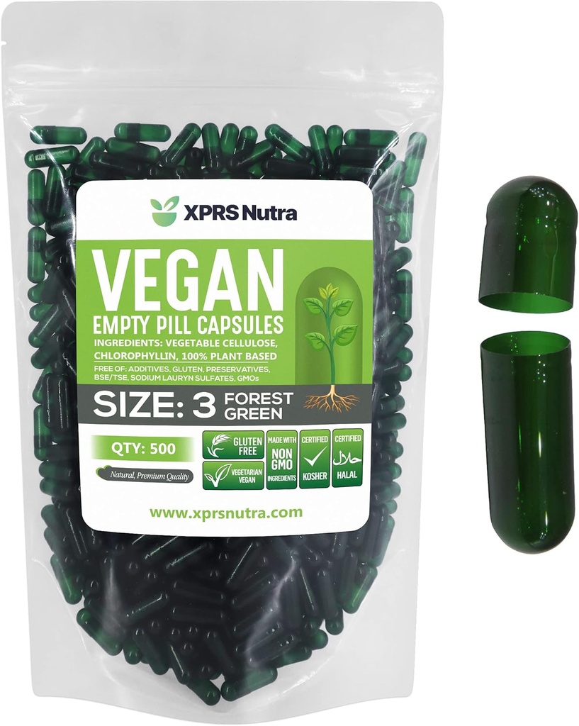 XPRS Nutra Boyutu 3 Boş Kapsüller - 500 Kont Boş Vegan Capsules - Vejetaryen Boş Pill - DIY - Veggie Pill Caps (Forest Green)