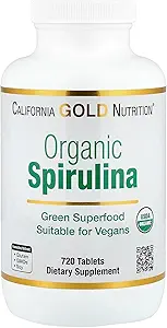 California Gold Beslenme Onaylanmış Organik Spirulina, USP, USDA Organik, Non-GMO, 500 mg, 720 Vegetarian Tablets