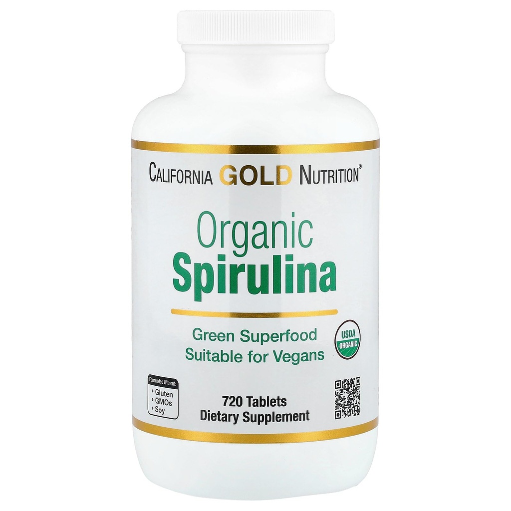 California Gold Beslenme Onaylanmış Organik Spirulina, USP, USDA Organik, Non-GMO, 500 mg, 720 Vegetarian Tablets