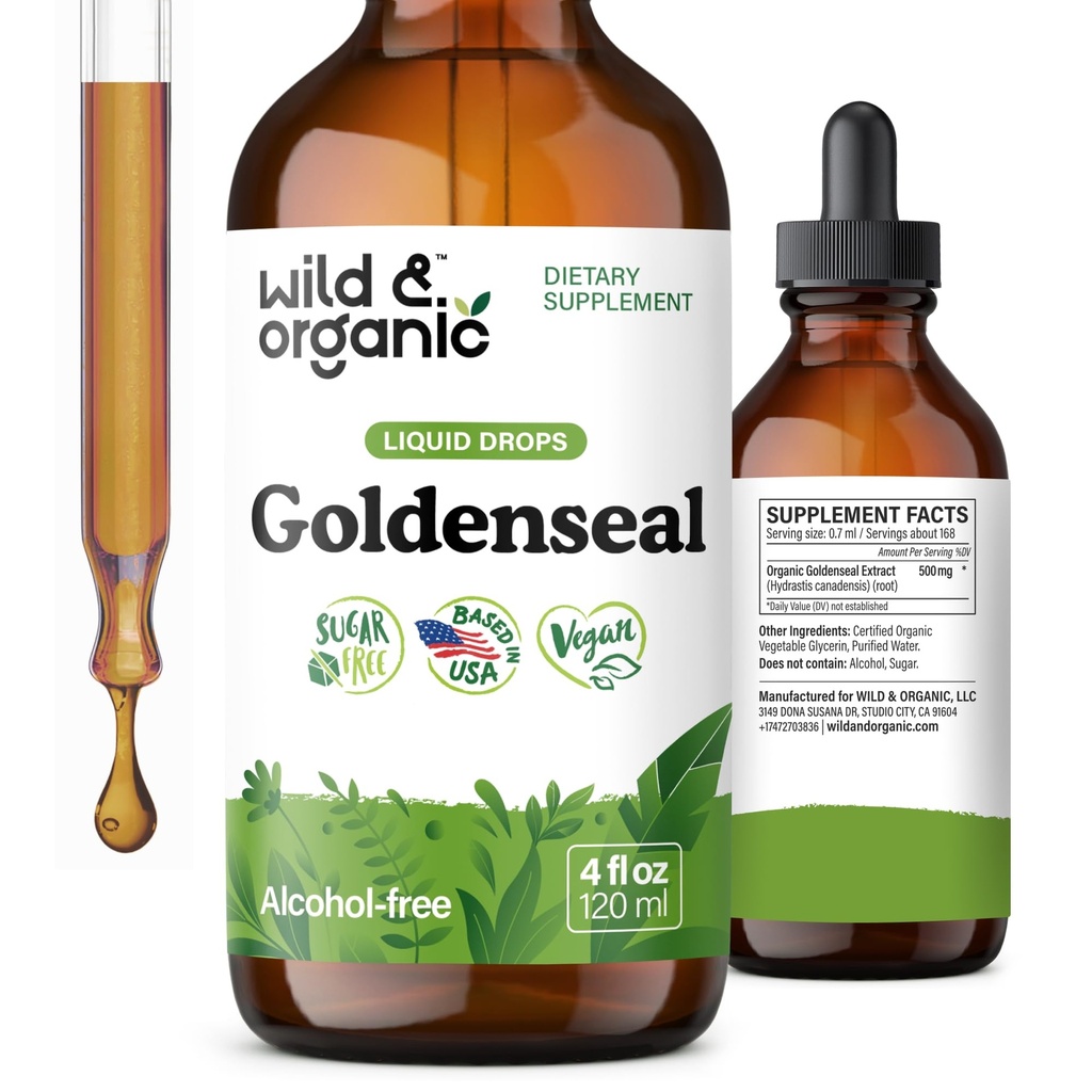Wild & Organic Goldenseal Tincture - Lung & Digestive Support - Goldenseal Root Extract Liquid Drops - Vegan, Sugar & Alkol-Free Herb Supplement - 4 fl ozz