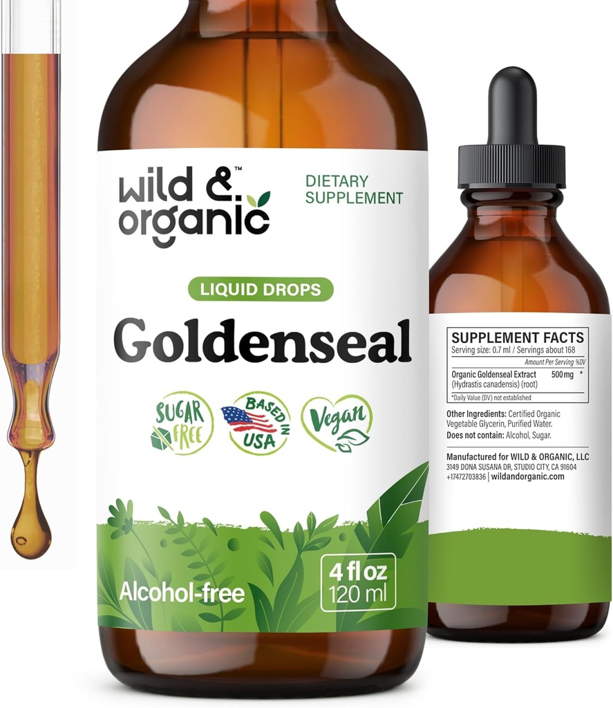 Wild & Organic Goldenseal Tincture - Lung & Digestive Support - Goldenseal Root Extract Liquid Drops - Vegan, Sugar & Alkol-Free Herb Supplement - 4 fl ozz