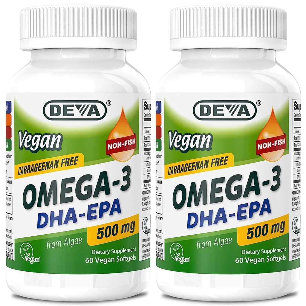 DEVA Vegan Omega-3 DHA-EPA 500MG 2Pack – No Carrageenan, Non-Fish Oil Derived from Algae, Non-GMO, 60 Gelatin-Free Softgels Ea