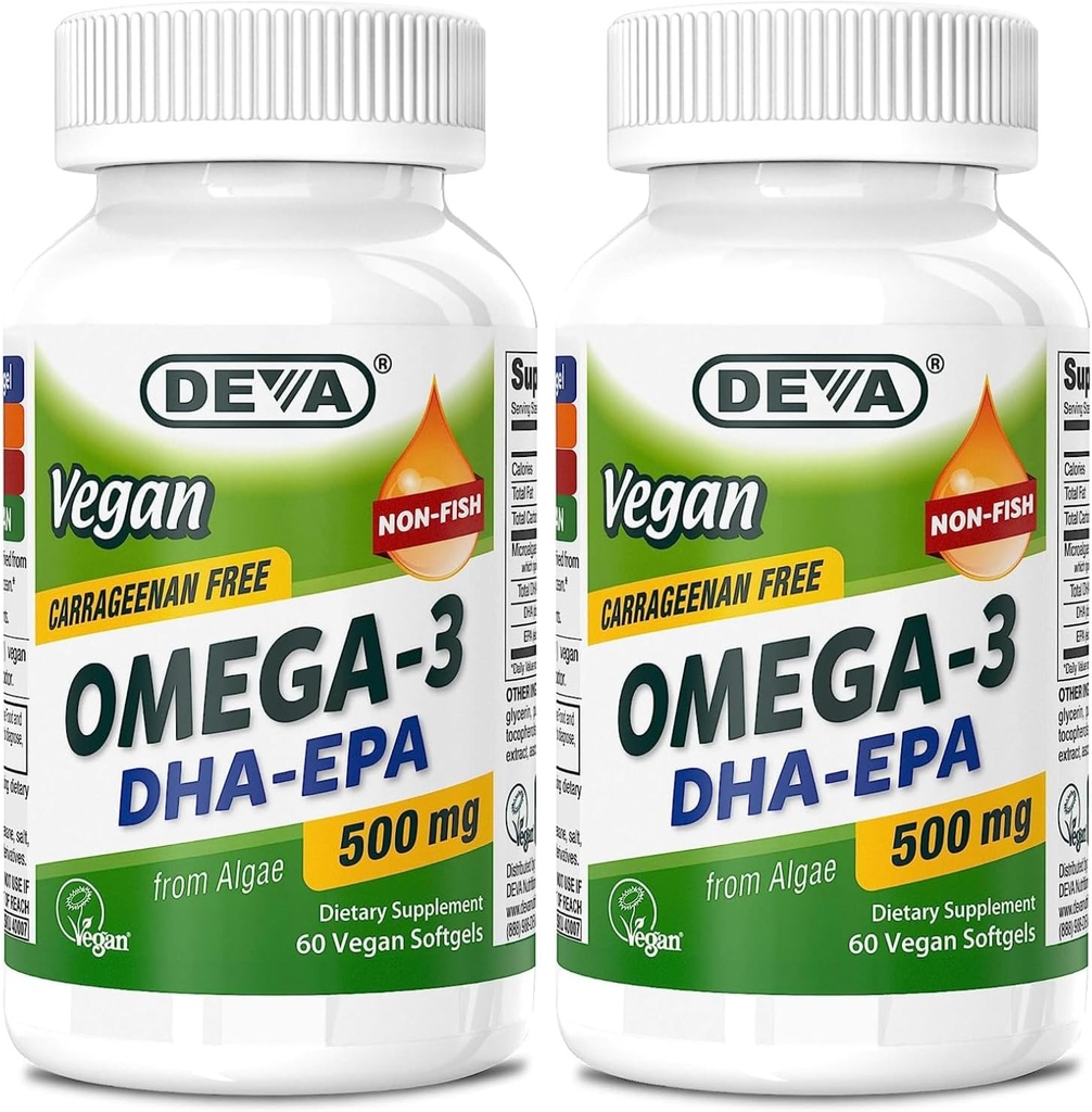 DEVA Vegan Omega-3 DHA-EPA 500MG 2Pack – No Carrageenan, Non-Fish Oil Derived from Algae, Non-GMO, 60 Gelatin-Free Softgels Ea