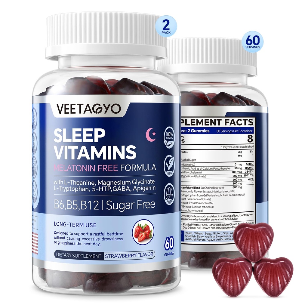 Melatonin Free 5-HTP GABA Supplement Gummies for Yetişkinler & Kids 12+ with L-Theanine, Magnezyum Glycinate, L-Tryptophan, Apigenin - Sugar Free, Strawberry Flavor, Vegan, 120 Count