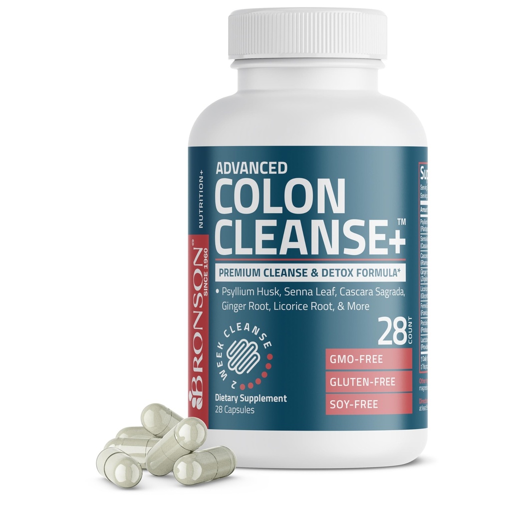 Bronson Advanced Colon Cleanse Premium 14 Day Cleanse & Detox Formula με Psyllium Husk, Senna Leaf, Cascara Sagrada, Ginger Root, Licorice Root & More, Μη ΓΤΟ, 28 κάψουλες