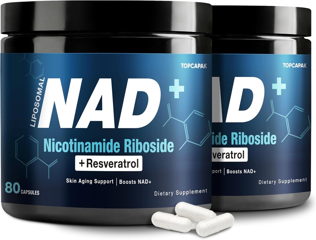 NAD+ Supplement 1000 mg - Nicotinamid Riboside (NR) ve Resveratrol, Liposomal NAD of Pure Organic Materialss for Women & Men Health Aging, Brain and Cellular Energy, 80 Capsules(2Pcs)
