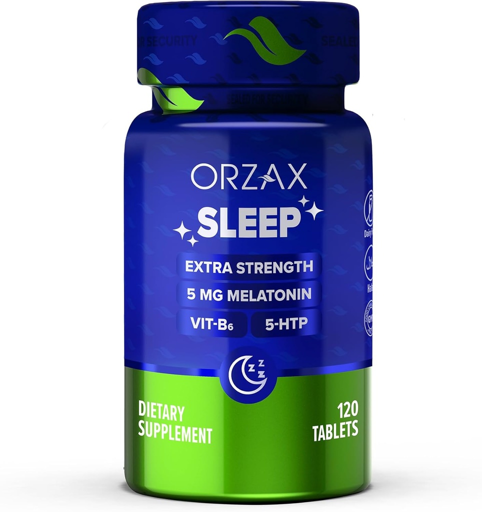 ORZAX Uyku - Melatonin 5 mg, B6 & 5-HTP Supplement - Yetişkinler için Restful Uyku Vitaminleri (120 Tablet)